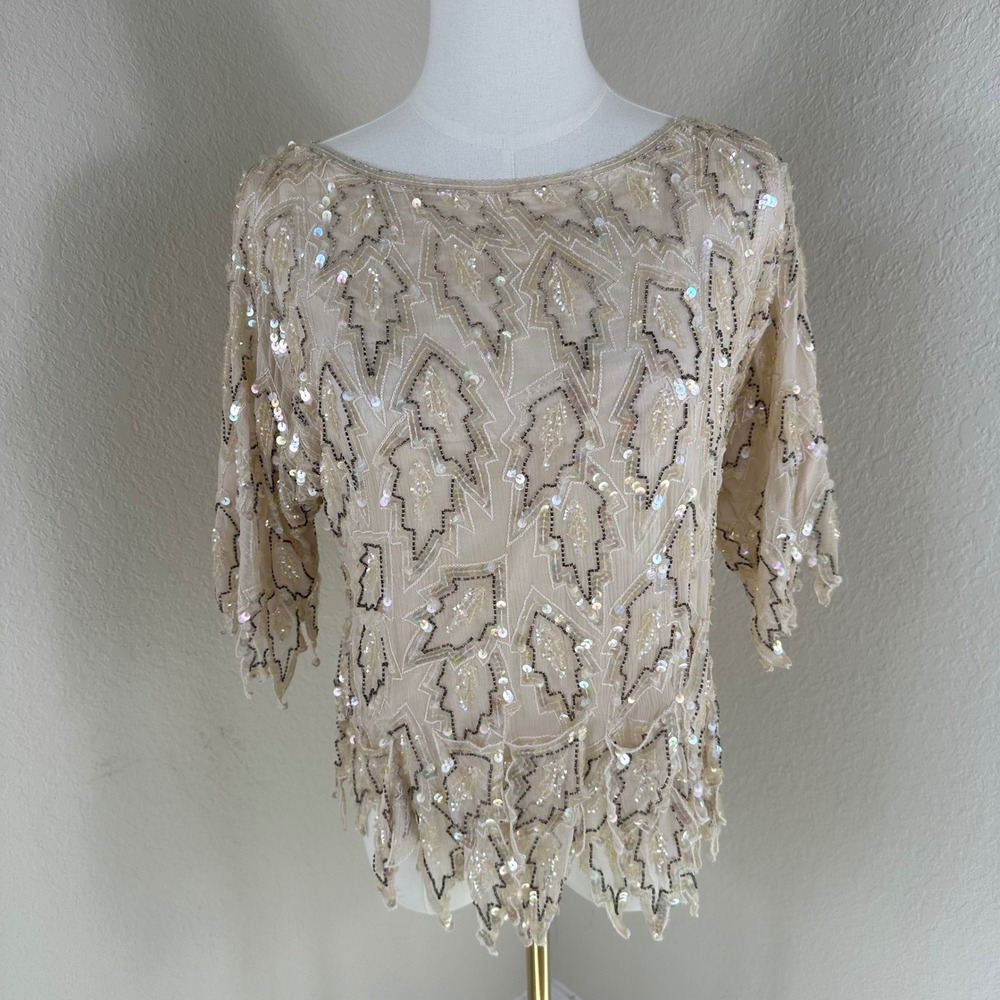 Scala Beaded Blouse Women L Cream Art Deco Vintage Silk Sequin Evening Glam Top